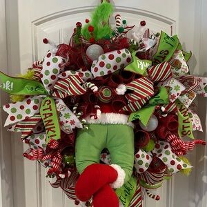 Handmade Green Monster Whimsical Grinch Christmas Wreath 30 Inch